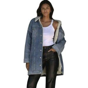 LNDN Oversized XXS Long Denim Faux Sherpa Lined Denim Jacket NWT